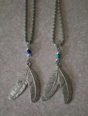 Silver Feather Pendant Necklace with Blue and Turquoise Beads